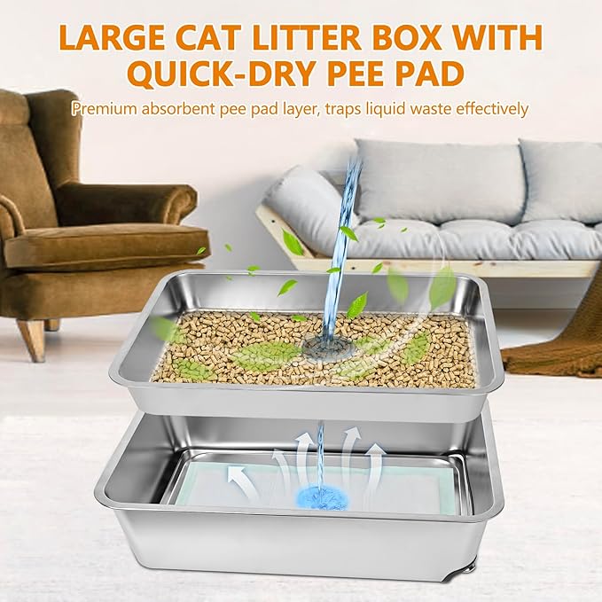 23.5" x 15.7" x 8" Stainless Steel Sifting Litter Box for Pine Pellets, XXL Large Pull-Out Cat Litter Box for Big Cats with High Sides, Metal Cat Litter Pan with Plastic Scoop &10 Urine Pads