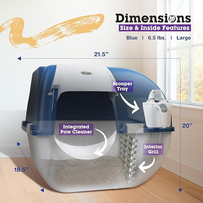 Omega Paw Roll N Clean Complete Self Cleaning Litter Box with New Bag System, Litter Step, Sifting Grate, and Pullout Waste Tray with 100 Bags, Blue