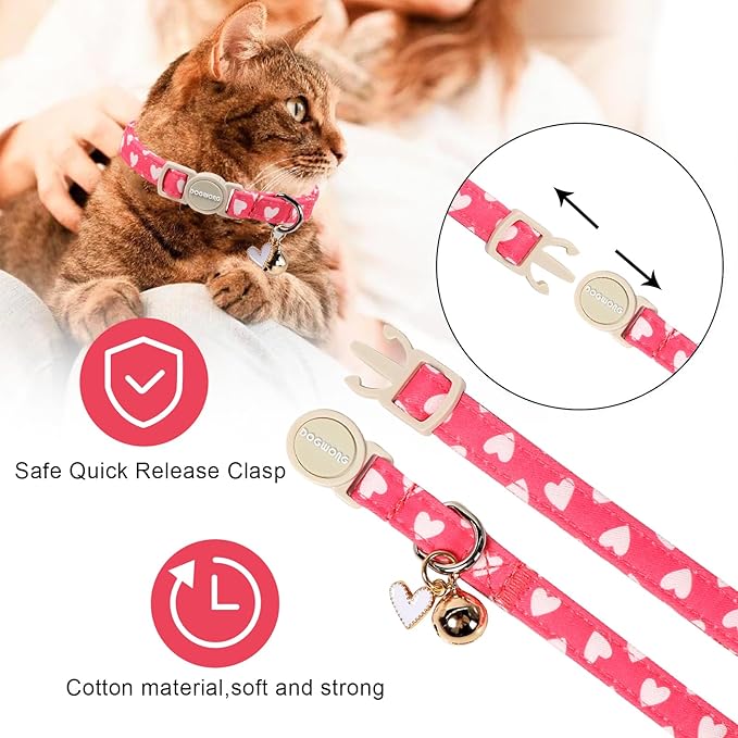 Valentine's Day Cat Collar,2 Pack Cat Collars Breakaway with Bell, DOGWONG Safety Buckle Cat Collar Blue Heart for Girl Boy Cats and Small Dogs，Adjustable 7-12 Inch,Pet Supplies Accessories
