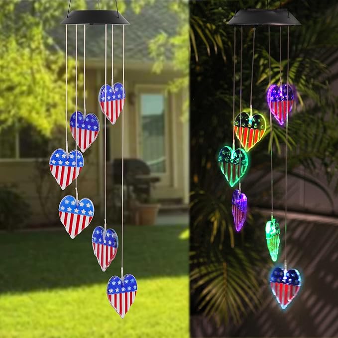 American Flag Solar Wind Chimes, Heart-Shaped Love Patriotic Wind Chime Color Changing Solar Lights for Garden Patio Home Decor