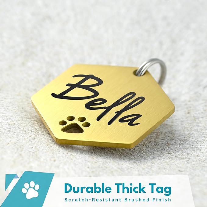 Ultra Joys Dog Tags Personalized for Pets - Hollow Paw Custom Pet ID Tag - Engraved Dog Tag for Small, Large Dogs - Small Hexagon in Gold
