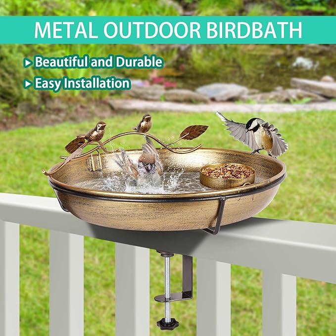 Metal Deck Mounted Bird Bath - 12 Inch Bronze Color Bird Bath for Outdoor with Small Bird Feeder and Decor Branch - Attracts Hummingbirds, Cardinals, Finches