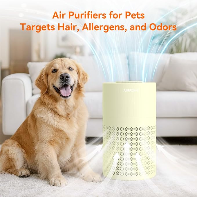 AIRROMI Air Purifier for Bedroom with HEPA Fet Filters, Pet Air Purifiers for Home Cat Pee Smell, Covers Up to 990Ft², Quiet 360° intake Air Cleaner for Allergies Dust Smoke Odor A2001 Yellow