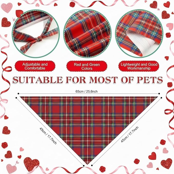 Weewooday 50 Pcs Valentine's Day Red Plaid Dog Bandanas Bulk for Dogs Soft Bibs Adjustable Triangle Bandana for Small Medium Large Pet Costume(25.6 x 17.7 x 17.7 Inch)