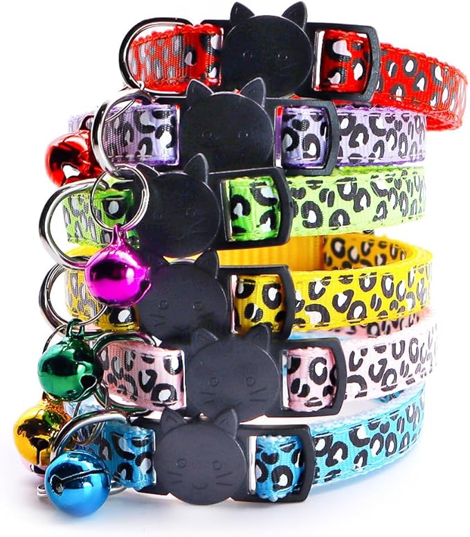 Reflective 2 Pack Breakaway Cat Collars with Bell Leopard Pattern Cute Kitty Adjustable 7.5-12.5 Inch Safe Kitten Collars Charms (Yellow)