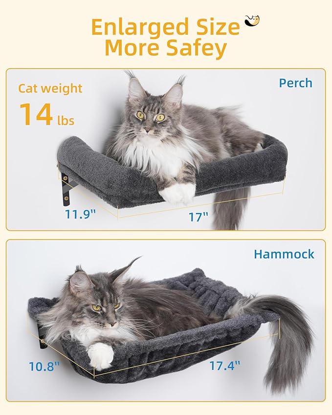 Heavy Duty Cat Wall Shelves for Indoor Cats Large Adult, 17'' Large Hammock and Perch Bed for Wall, 5-in-1 Wall-Mounted Cat Climbing Set for Multi-Room Use
