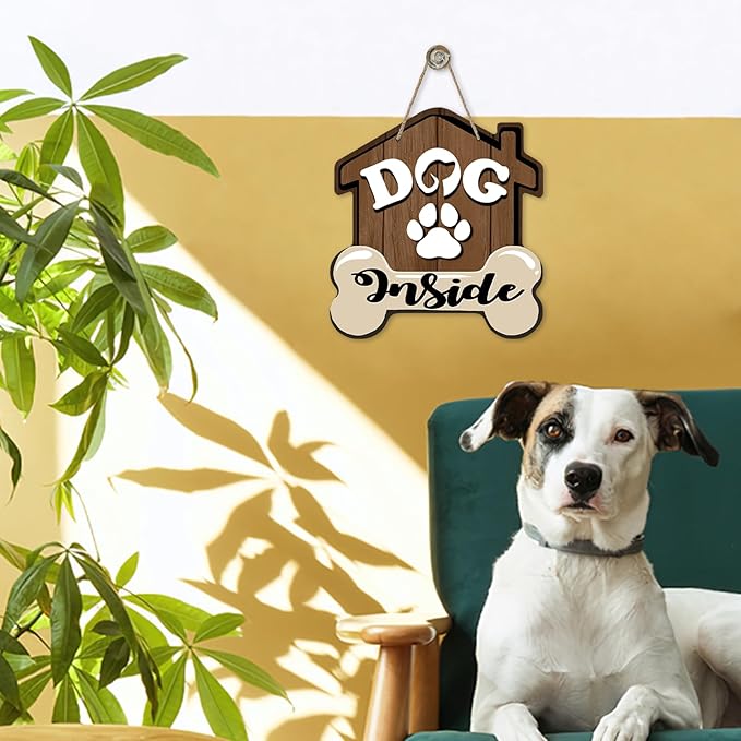 Dog Inside Front Door Sign, Doghouse Bone Paw Prints Wood Door Hanger Outdoor Outside Porch Decor, Farmhouse Wooden Wreath Indoor Wall Hanging Decoration Pet Owner Lover Gift