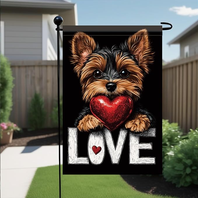 Cute Kasha Dog Garden Flag Holding Red Heart Love Sign Double Sided Yard Banner 12x18 Inch Romantic Outdoor Decoration for Lawn Patio Dog Lover Gift Valentine Anniversary Seasonal Flag