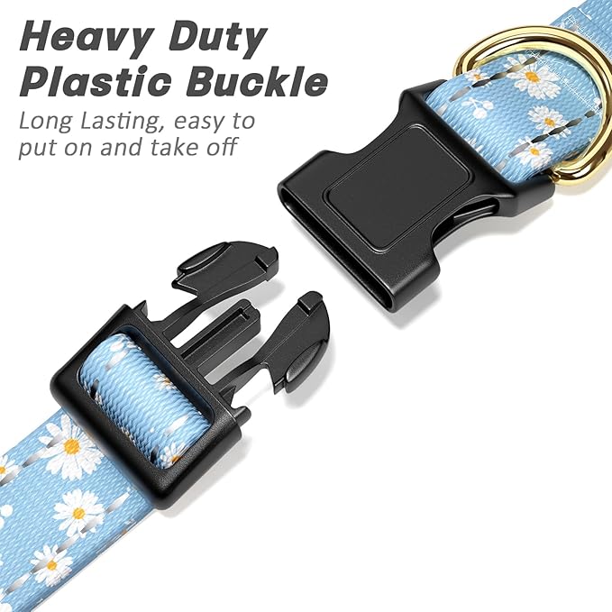 Reflective Dog Collar for Large Dogs, Cute Daisy Theme Adjustable Heavy-Duty Nylon Puppy Collar for Boy and Girl Female, Soft Pet Accessories with Quick Release Buckle, Neck 16-24", Blue