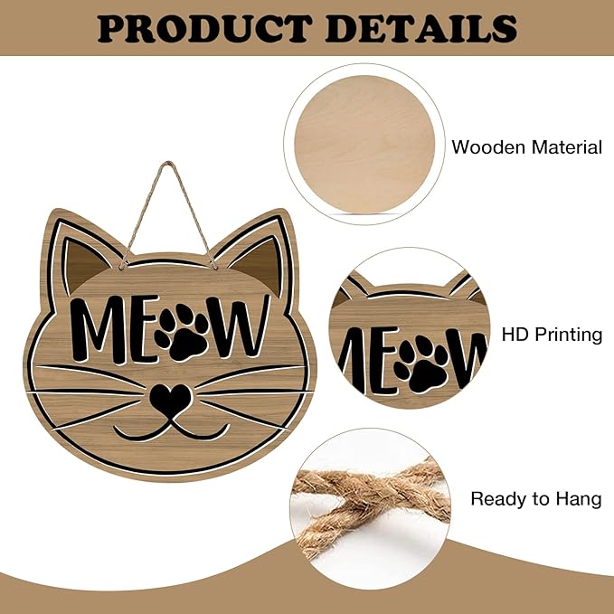 Cute Cat Meow Front Door Sign, Pet Farmhouse Wood Door Hanger Outdoor Outside Porch Decor, Paw Print Rustic Wooden Wreath Indoor Wall Hanging Decoration Cat Lover Owner Gift