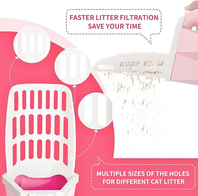 Cat Litter Scoop, Cat Litter Scooper with Holder and 150 Cat Poop Bags for Litter Box: Removable Litter Sifter Shovel and Large Capacity Trash Can, Portable Kitty Poop Scooper Built in Bags (Pink)