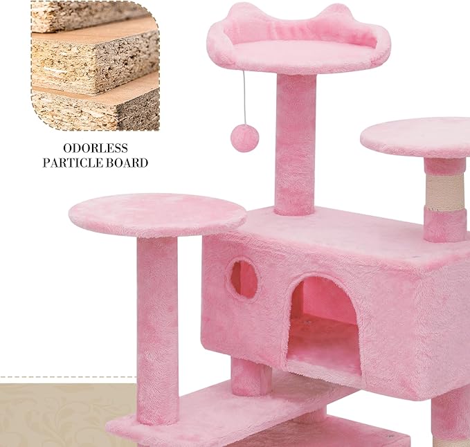 Athena Collection 54 Inch Cat Tree for Indoor Cats, Multi-Level Tower With 2 Condos, Scratching Post & Dangling Ball, Tall Climbing Center, Pink