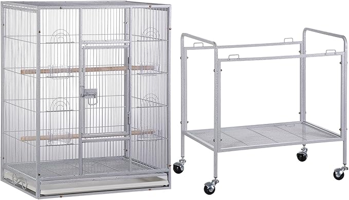SUPER DEAL 53-Inch Rolling Bird Cage Large Wrought Iron Cage for Cockatiel Sun Conure Parakeet Finch Budgie Lovebird Canary Medium Pet House with Rolling Stand & Storage Shelf, White