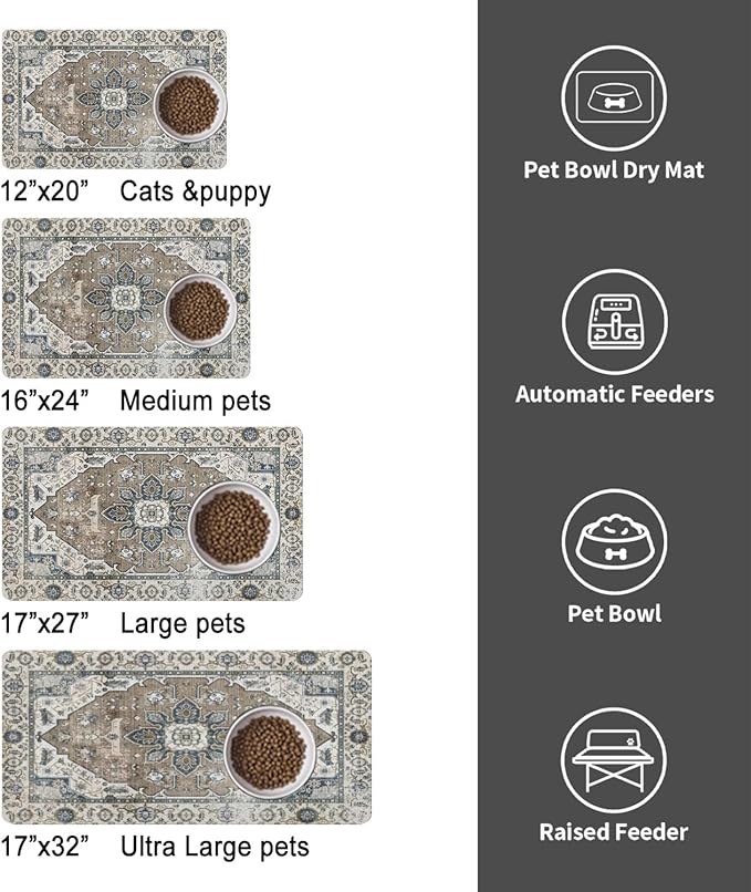 Dog Food Mats for Floors, Absorbent and Quick-Drying Pet Cat Food Mat,Anti-Fouling and Easy-to-Clean Pet Feeding Mat,Dog Bowl Mat for Messy Drinking Water Bowls.17 x27, Bohemia Style