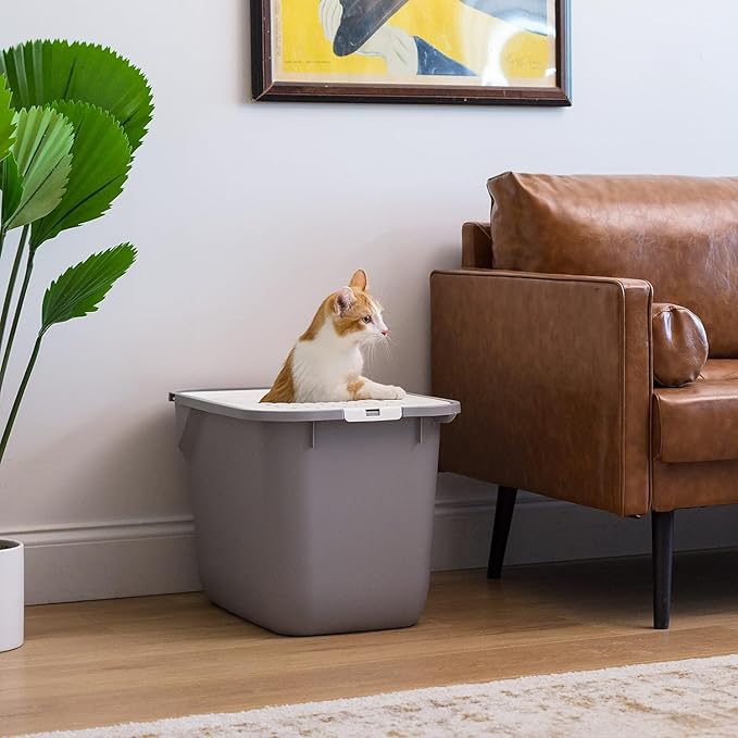 IRIS USA Cat Litter Box, Large Cat Box Enclosure, Top Entry with Litter Catching Lid, Enclosed with Scoop, Gray/White