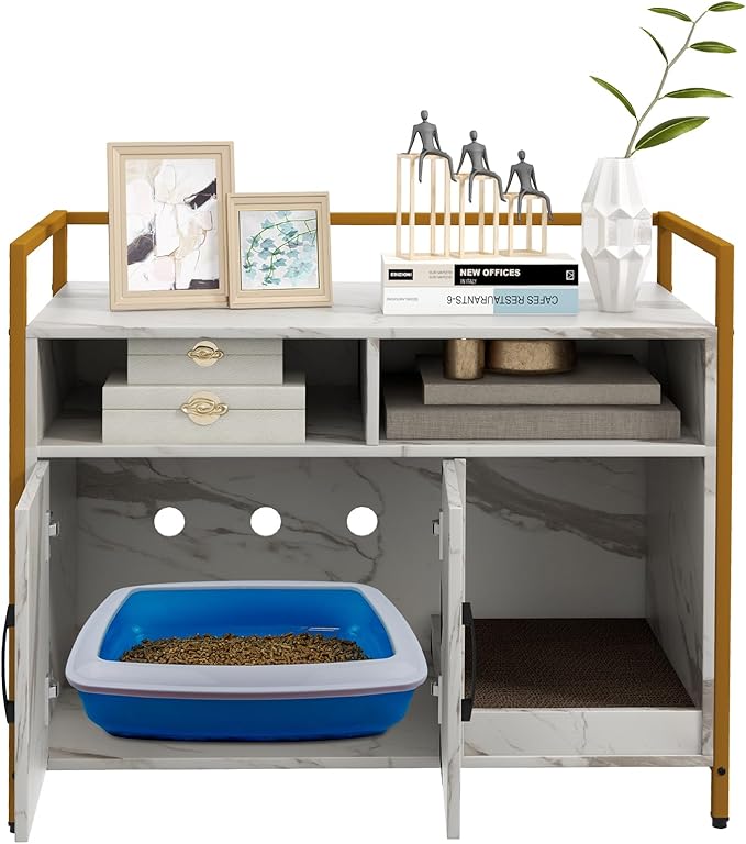 Giantex Cat Litter Box Enclosure - Cat Washroom Hidden Furniture with Front Entry, Scratcher, 2-Door Storage Cabinet, 2 Compartments, Air Vents, Metal Frame, Wooden Pet Crate House (Marble White)