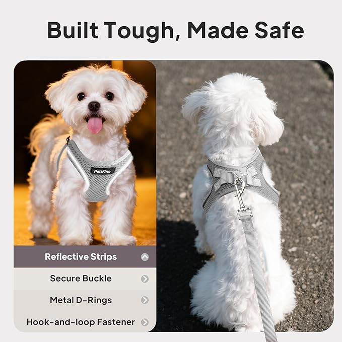 PetiFine Step in Small Dog Harness and Leash Set, Breathable All Weather Air Mesh Reflective Escape Proof, Step-in Velcro Vest Harnesses for Puppy(S, Grey)