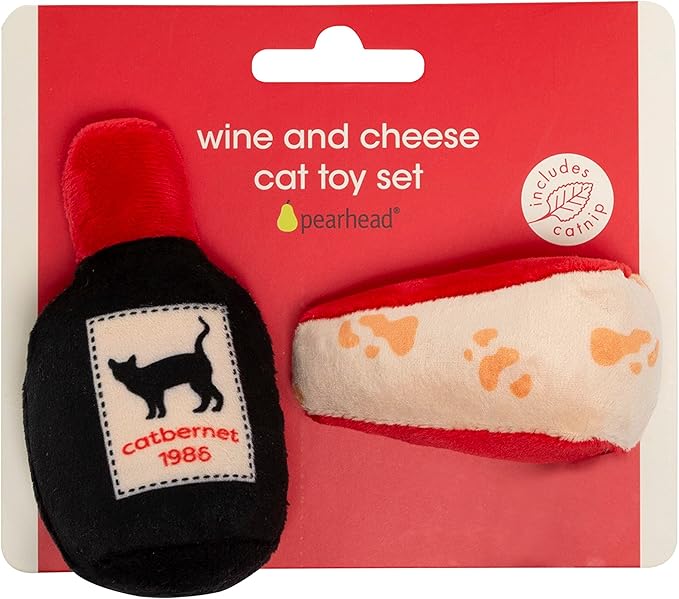 Pearhead Pet Cheese & Wine Cat Toys Set of 2 – Plush Catnip Toys with Crinkle & Rattle, Valentine’s Day Interactive Cat Toys for Indoor Cats