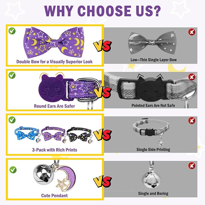SCENEREAL Breakaway Cat Collar with Bell, 3 Pack Safety Adjustable Cat Collars with Pendant, Spring Summer Personalised Puppy Kitten Collar with Bowtie for Boys Girls, Star and Moon Elements