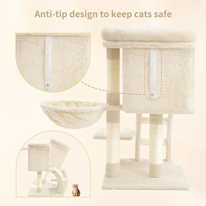 Heybly Cat Tree Tower, Cat condo for Indoor Kittens, Cat House with Wide Plush Top Perch, Ladder, Basket, Sisal-Covered Scratching Posts, Cozy Activity Center for pet, Beige HCT009SM