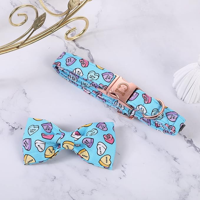 MR. CHUBBYFACE Valentine's Dog Collar with Bowtie, Cute Blue Heart Dog Collar with Metal Buckle, Adjustable Cotton Collar for Small Medium Large Dogs