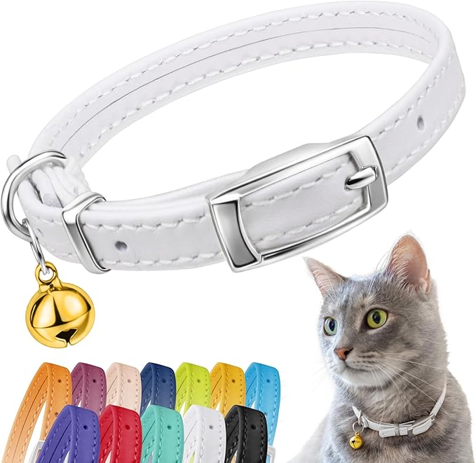 CollarDirect Leather Cat Collar with Bell - Kitten Collar, Small and Big Cat Collar for Boy Cats, Girl Cats with Safety Elastic Strap (Neck Fit 6"-7", White)