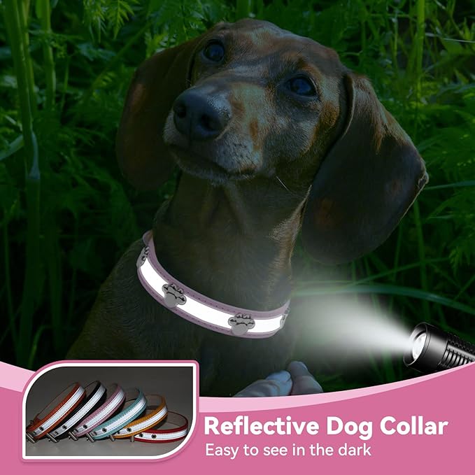 PETCARE Reflective Dog Collar with Cute Paw Rivet Studded Funny Soft PU Leather Adjustable Puppy Dog Collars for Small Medium Large Dogs Cats (Pink,XX-Large)