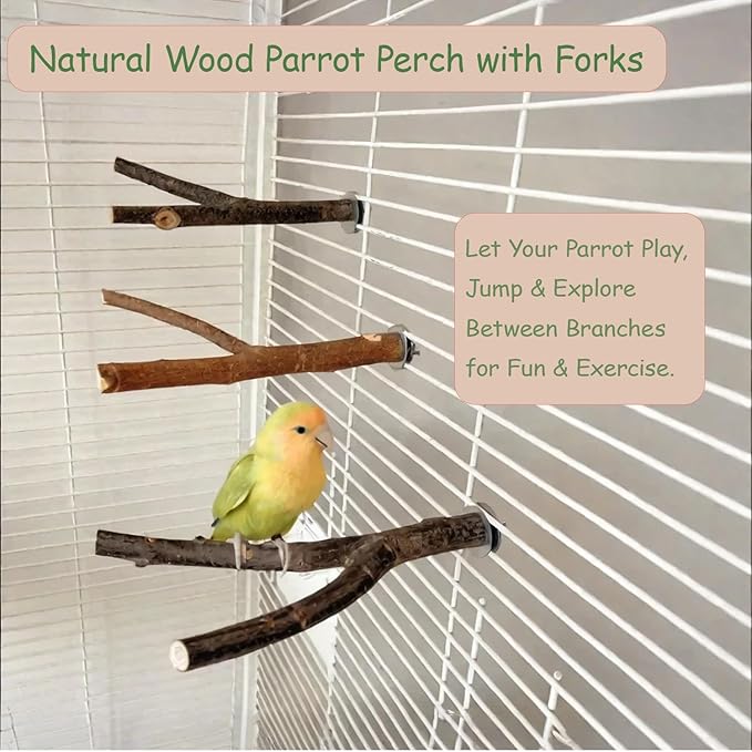 4 Pack Bird Perches for Cage with Natural Wood, ROOJUNE Bird Cage Accessories Bird Perch Platform for Small Medium Parakeets Parrots Conures Cockatiels Finches Lovebirds