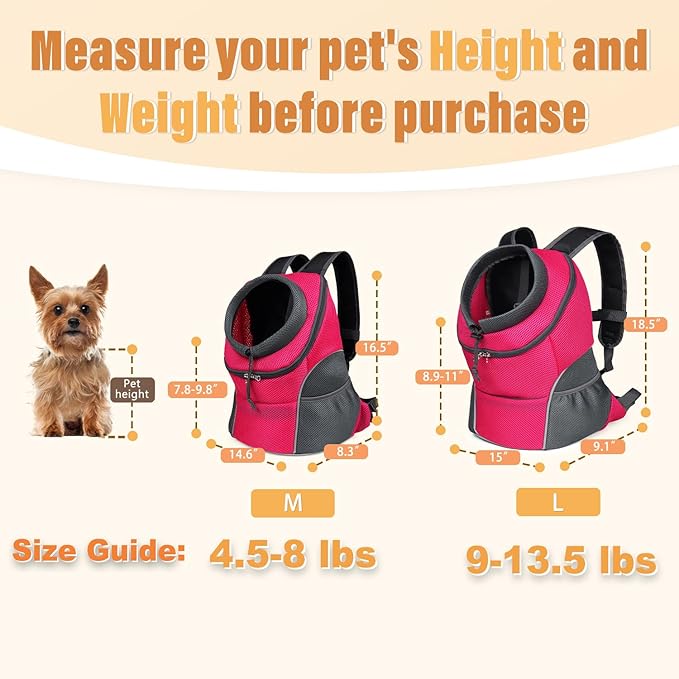 YUDODO Dog Front Carrier Backpack, Adjustable Breathable Pet Carrier for Small Dogs, Ventilated Puppy Back Pack with Safety Belt, Lightweight Doggy Backpack for Hiking Outdoor (Rose, L)