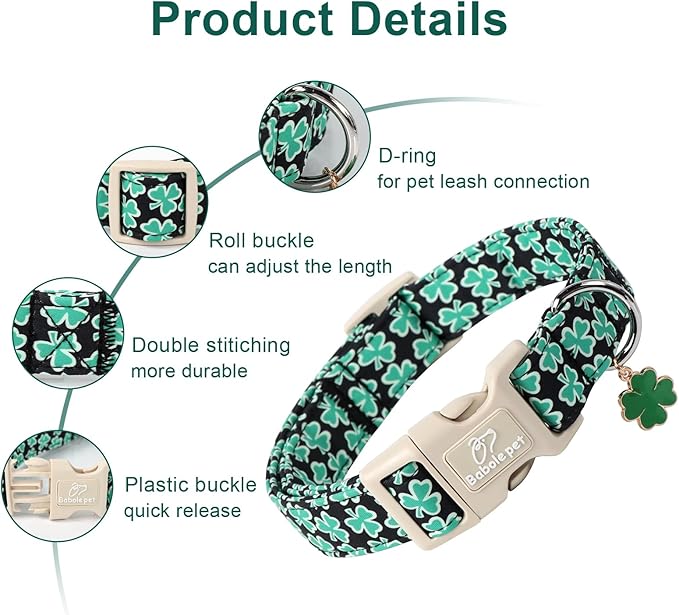 St Patricks Day Dog Collar for Giant Large Dogs - Green Lucky Shamrock Boy Dog Collars, Irish Clover Pattern Black Male Puppy Collar with Quick Release Buckle XL