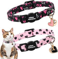 Unique style paws 2 Pack Valentine Kitten Collar Breakaway with Bell&Pendant, Adjustable Safety BlackBerry Pink Love Heart Cat Cotton Collar for Girl Boy Cat and Small Pet