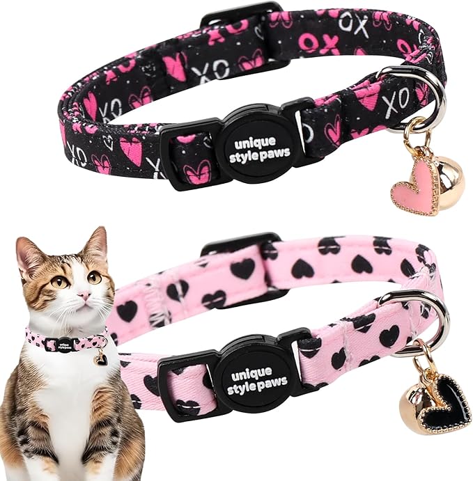 Unique style paws 2 Pack Valentine Kitten Collar Breakaway with Bell&Pendant, Adjustable Safety BlackBerry Pink Love Heart Cat Cotton Collar for Girl Boy Cat and Small Pet