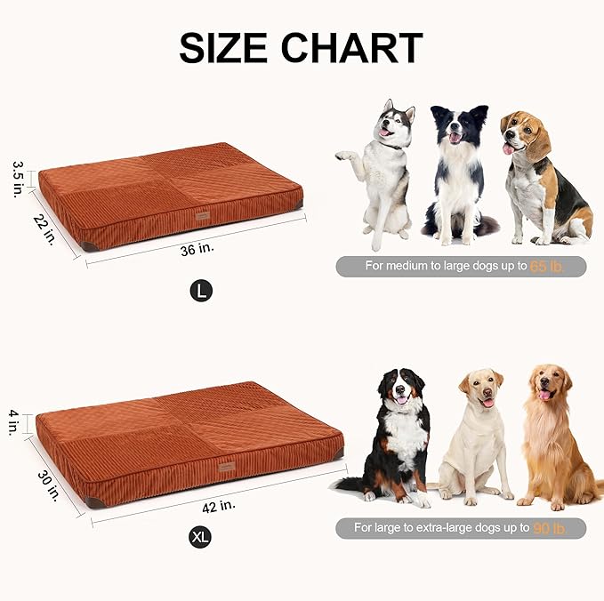 FFUKUMARU Dog Bed, Thickened Corduroy Orthopedic Dog Beds with Washable Cover, XL Waterproof Dogs Bed for Crate, 28D Egg Crate Foam Support Pet Mat, Cozy Pet Bed Pad with Anti-Slip Bottom, Orange