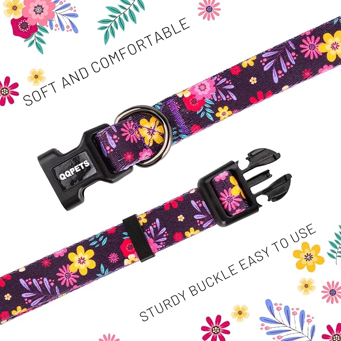 QQPETS Adjustable Soft Dog Collar: Print Flower Pink Multicolor Cute Patterns for XS Small Medium Large Pet Girl Boy Puppy Walking Running Training (XS, Elegant Purple)