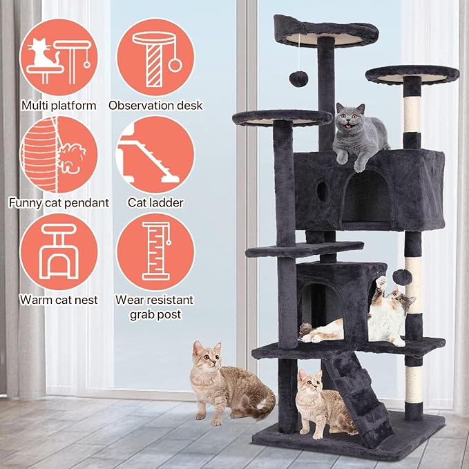 Large Cat Tree with Scratching Post, 54in, Wooden Frame, Sisal Ropes, 3 Platforms, 2 Hanging Balls, 2 Cushions, Light Gray