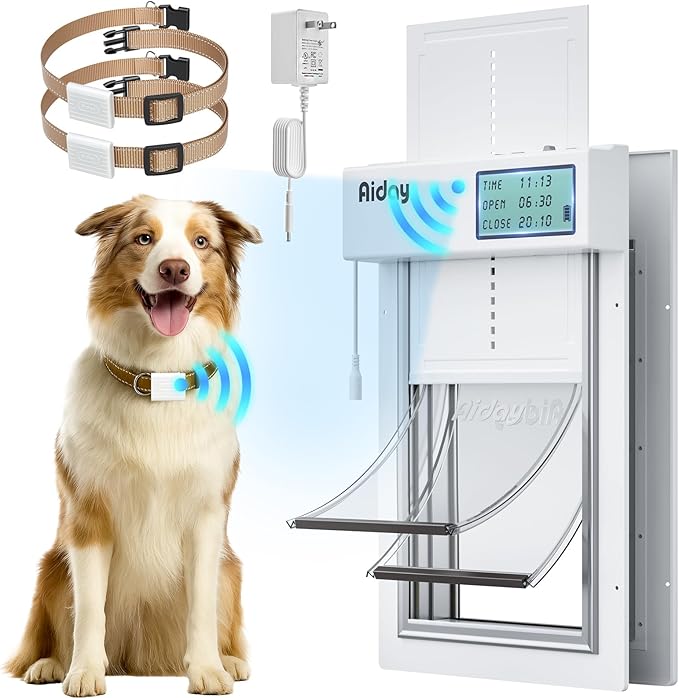 Automatic Dog Door with Collar Sensor, 2-Flap Large Electronic Dog Door for Door with Anti-Pinch, Mains-Powered, LCD Display, Timing Function, Metal Frame- L