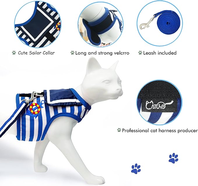 Cat Harness and Leash for Walking Escape Proof, Adjustable Cat Vest Harness, Padded Stylish Cat Walking Jackets, Sailor Suit Navy, Extra Large