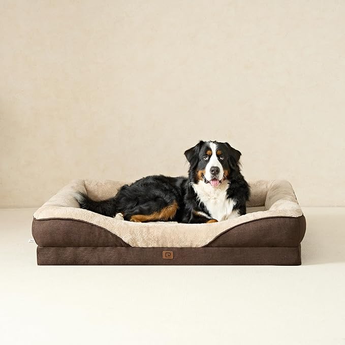 EHEYCIGA Orthopedic XL Dog Bed for Large Sized Dog, 42x30x7.5 Inch Extra Large Memory Foam Dog Couch Bed with Sides, Waterproof Liner & Washable Removable Cover, Bolster Pet Sofa, Brown