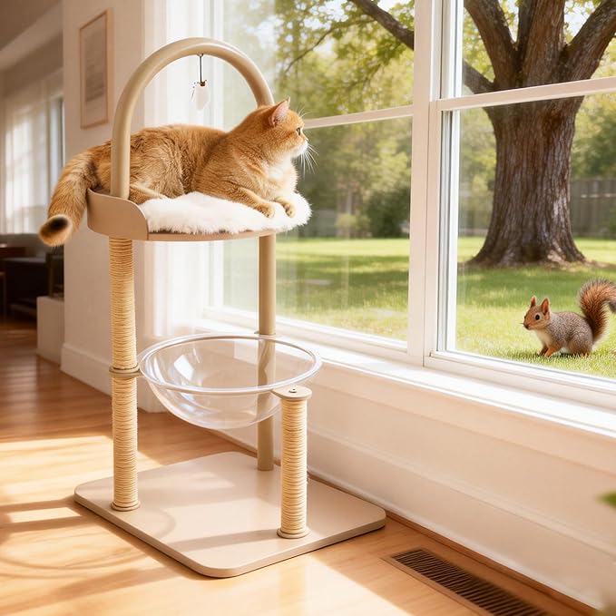 Modern Cat Tree Tower for Indoor Cats up to 12lbs, 34" H Furniture-Style Metal Cat Tower with Scratching Posts, Wood Cat Bed with Soft Plush Cushion Washable, Acrylic Capsule, Cream Beige