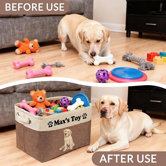 Personalized Dog Cat Toy Storage Basket with Photo & Name, Custom Collapsible Pet Organizer Bin with Handles for Toys, Clothes, Blankets & Pet Supplies