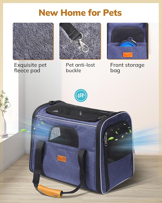 Morpilot Cat Carrier - Soft Sided Cat Carrier Large for Big Medium Cats and Puppy up to 18lbs, Pet Carrier with Safety Zippers, Foldable Bowl, Airline Approved Large Dog Carrier - Dark Blue