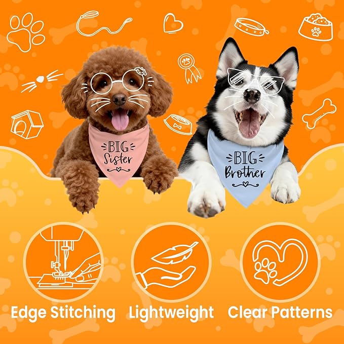2 Pack Big Sister Big Brother Dog Bandanas, Adjustable Pet Bandana for Pregnancy Announcement, Soft Triangle Scarf for Small Medium Large Dogs, Puppy Sibling Reveal Accessories