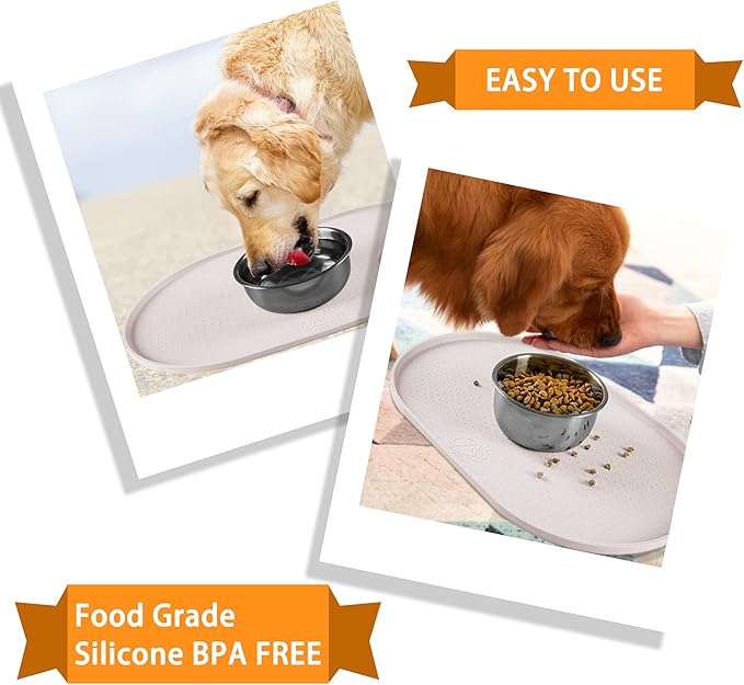 100% Waterproof 0.5" Raised Edge BPA Free Silicone Dog Food Mat, Pet Cat Feeding Mats Contain Spills Protects Floors, Placemats for Cats and Dogs Water Bowl Dishwasher. (Large/XL, White Sand)