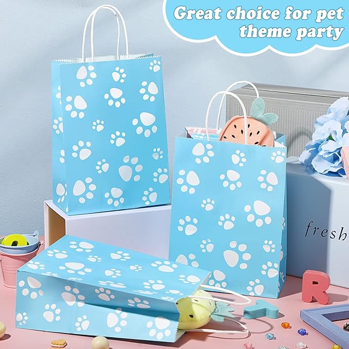 Blulu 20 Pcs Puppy Dog Paw Gift Bags with Paper Twist Handles, Dog Gift Paper Paw Treat Goodie Bags for PET Treat Party Favor, 6.3 x 3.1 x 8.6 Inch(Blue Backing)