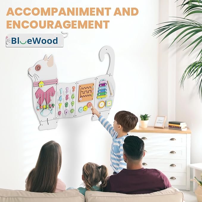 BlueWood Wooden Wall Busy Board Panels, Toddler Learning Activity Center, Montessori Philosophy Sensory, Educational Toys, Conducive to All-Round Development - Cat