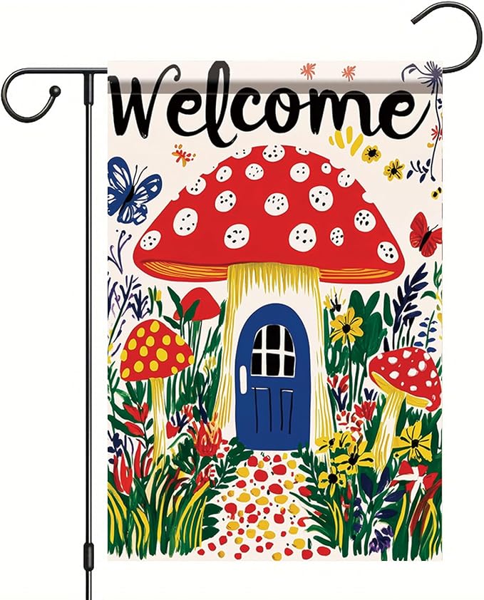Mushroom House Garden Flag 12x18 Inch Welcome Yard Banner Whimsical Fairy Tale Style Double Sided Outdoor Decoration for Porch Lawn Patio Spring Summer Seasonal Garden Decor