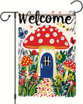 Mushroom House Garden Flag 12x18 Inch Welcome Yard Banner Whimsical Fairy Tale Style Double Sided Outdoor Decoration for Porch Lawn Patio Spring Summer Seasonal Garden Decor