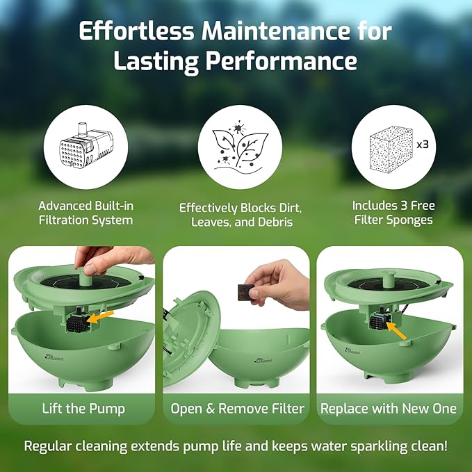 Solar Bird Bath with Fountain and Battery Backup, 3-in-1 Hanging or Freestanding Birdbath, Low-Water Protection & 3 Nozzles for Garden Patio Decor (Forest Green)