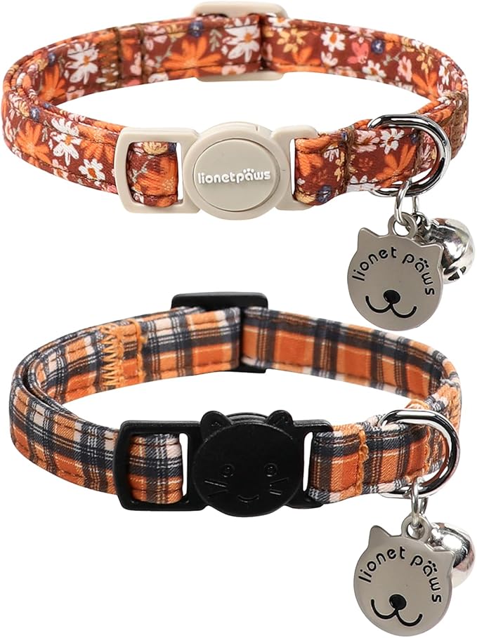 Lionet Paws 2pcs Pack Halloween Cat Collar,Brown Blossoms and Black Brown Grid with Breakaway Buckle,Cute Adjustable Cat Kitten Collar,Ideal for Girl Cats