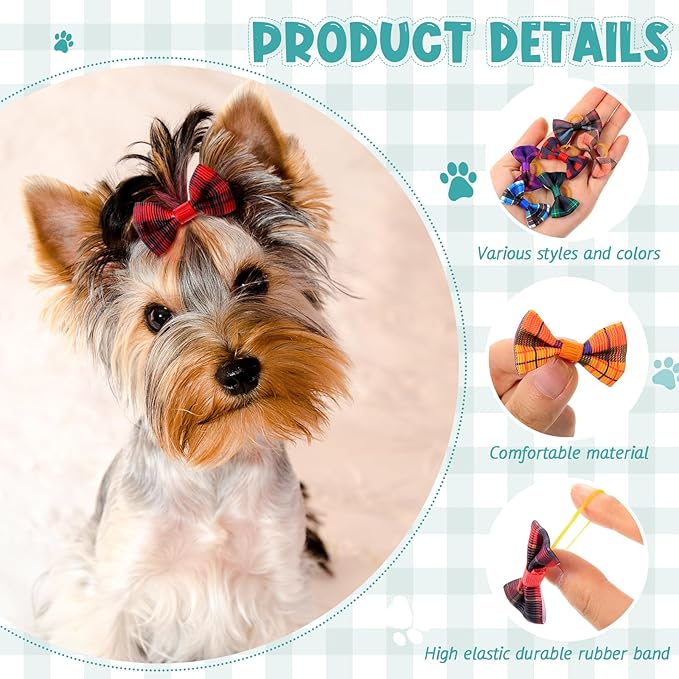 60 Pcs Cute Puppy Dog Hair Bows Small Bowknot Hair Bows with Rubber Bands Handmade Knot Accessories Pet Grooming Products for Holiday Birthday Gift(Plaid)